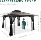 11x13 Outdoor Patio Gazebo with Mosquito Netting and Corner Frame Screen Wall, Double Roofs Metal Frame Party Canopy Tent Shelter for Backyard Garden Deck - Brown
