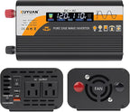 500W Pure Sine Wave Inverter (1000W Peak), 12V/24V Auto-Detect, 50Hz/60Hz Switchable, LCD Display, Type-C Fast Charging, Silent Design, Overload & Overheat Protection for RV, Home (Black-500W)