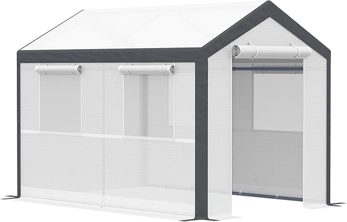 Outsunny 10' x 7' x 7' Greenhouse, Walk-in Outdoor Tunnel Green House with PE Cover, Steel Frame, 2 Roll-Up Zipper Doors & 4 Windows for Flowers, Vegetables, Tropical Plants, White