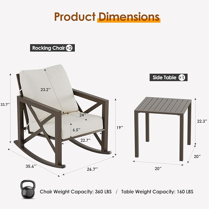 Outdoor Rocking Bistro Set, Patio Rocking Chairs Set of 2 with Coffee Table, 3 Pieces Metal Conversation Sets with 6.5" Thick Cushions for Backyard, Porch, Poolside, Oversized (Beige)