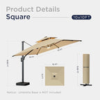 10x10 FT Cantilever Patio Umbrella with Led Lights Double Top Outdoor Square Heavy Duty Offset Umbrellas 360°Rotation Free-motion Track Tilt Windproof for Pool Deck Garden, Beige