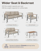 Aluminum Outdoor Patio Furniture Set with Coffee Table, 4 Piece Patio Conversation Sets with Washable Thick Cushions, Outdoor Sectional Furniture Set for Porch, Balcony, Deck, Yard, Silver