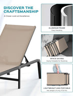 Aluminum Chaise Lounge Ourdoor - Foldable & Assemble Free Outdoor Lounge Chair with 5 Adjustable Backrest, Patio Lounge Chair for Outside Poolside Beach Pool, Khaki