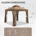 EAGLE PEAK 8x8 Patio Gazebo with Mesh Netting, Double Roof Outdoor Pavilion with Corner Shelves for Lawn, Deck, Garden and Backyard, Brown