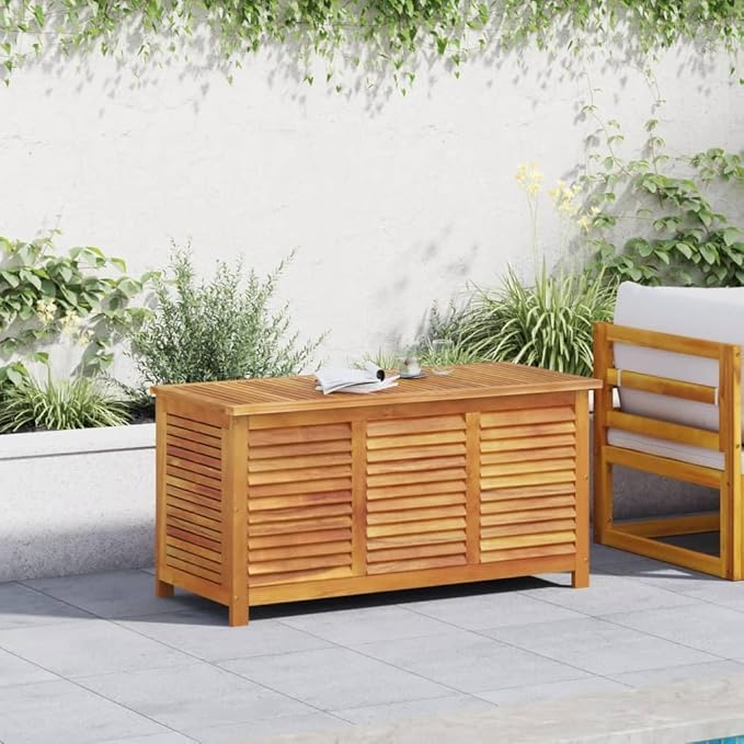 Wooden Garden Storage Box with Louver, Outdoor Cabinet Patio Storage Container for Furniture Tools, 44.5"x19.7"x22" Solid Wood Acacia,-130