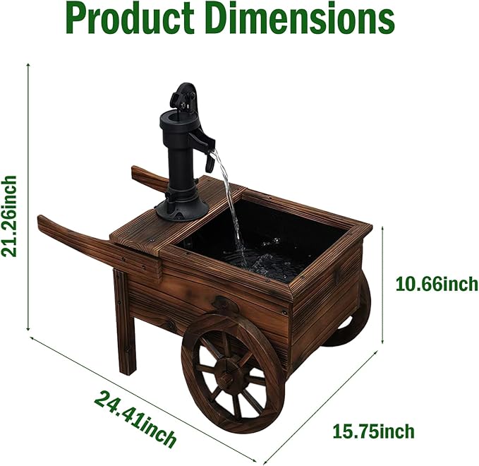 Carbonized Wood Outdoor Freestanding Fountain - Movable Vintage Hand Pump Cart, Solar-Powered Electric Decorative Water Feature for Patio, Garden & Indoor Decoration