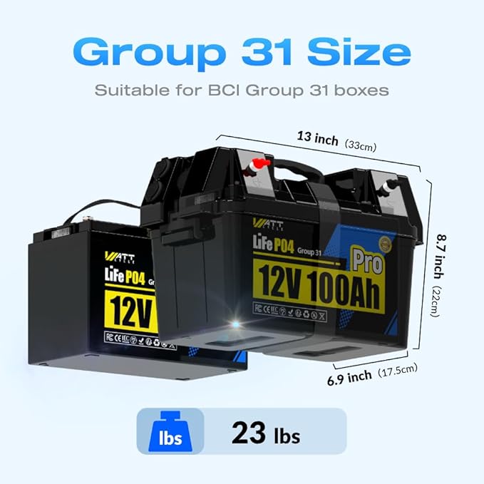 Wattcycle 2Pack 12V 100Ah LiFePO4 Lithium Battery, BCI Group 31,Deep Cycle Up to 15000 Cycles, 110A BMS, Low Temperature Protection, 10 Years Lifespan, Perfect for RV/Home Energy Storage