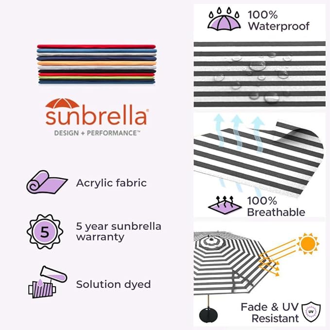 Midtown Umbrellas The Swilt 9 Feet Patio Umbrella in Sunbrella Black & White Acrylic Fabric - Fiberglass Ribs, Auto-Tilt Aluminum Frame For Backyard, Deck, Garden, Pool - White Pole