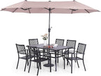 Sophia & William Patio Dining Set with 13ft Double-Sided Patio Umbrella, 8 Piece Metal Outdoor Table Furniture Set with 6 Stackable Chairs, 1 Rectangle Dining Table and 1 Large Beige Umbrella