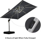 PURPLE LEAF 9 Feet Solar Powered LED Square Cantilever Umbrella With Base Patio Umbrellas Windproof Hanging Outdoor Umbrella Offset Umbrellas, Grey