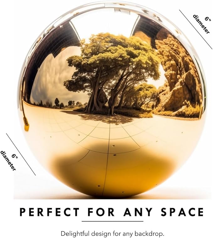 6 Inch Stainless Steel Gazing Globe,v2croft Hollow Ball Mirrored Surface Polished Shiny Sphere,Garden Stainless Steel Gazing Ball for Outdoor Lawn Pond Yard Ornament(Gold)