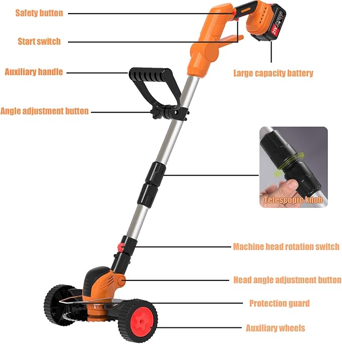 Electric Weed Wacker, Cordless Eater Battery Powered Eater Lightweight Edger Portable Stringless Grass Trimmer/Lawn Mower/Brush Cutter, with 3 Types Blades & Wheels for Yard and Garden
