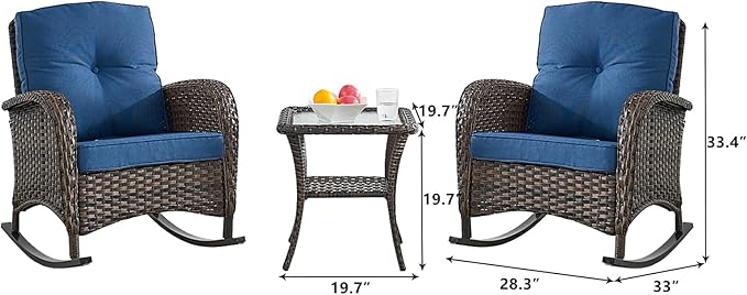 HUMMUH 3-Piece Outdoor Rocking Chairs,All-Weather PE Wicker Patio Rocker Chairs Bistro Set with Side Table,Porch Balcony Furniture with Cushions
