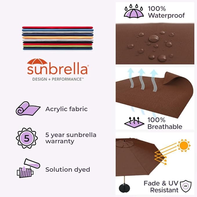 Midtown Umbrellas The Wooden 10 Feet Patio Umbrella With Sunbrella Bay Brown Acrylic Fabric - Aluminum Frame Market Umbrella For Backyard, Deck, Garden, Pool - Wooden Pole