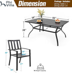 PHI VILLA 7 Piece Outdoor Dining Set for 6, 60” Rectangular Metal Steel Dining Table with Umbrella Hole & Stackable Dining Chairs for Patio, Deck, Yard, Garden