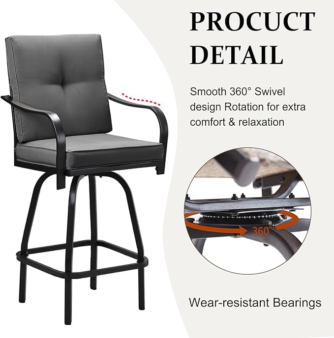 Patio Swivel Bar Stools, Outdoor High Back Swivel Bar Stool Chair Set of 2 with Cushion & All Weather Steel Frame, Dark Gray