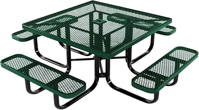 COATEDOUTDOORFURNITURE Heavy-Duty Portable Outdoor Kids Table with Umbrella Hole, Expanded Metal Kids Picnic Table, Commercial-Grade, Made in America (46 in, Square, Childrens, Textured Green)