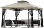 11x13 Outdoor Patio Gazebo with Mosquito Netting and Corner Frame Screen Wall, Double Roofs Metal Frame Party Canopy Tent Shelter for Backyard Garden Deck - Tan