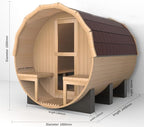 Outdoor Barrel Steam Sauna with Porch, Canadian Red Cedar Sauna 6 Person, 6KW ETL Toule Heater, 220V, Waterproofing System with Saunas Stones, Asphalt Shingles, Rubber Base(0-195℉)