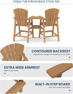 Ciokea Tall Adirondack Chairs Set of 2, HDPE Outdoor High Back Adirondack Chair with Double Connecting Tray, Weather Resistant Balcony Chairs for Deck, Lawn, Pool, Backyard, Teak