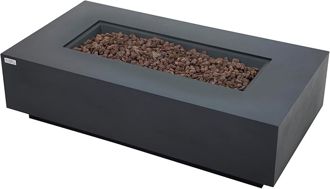 AMS Creations | Madison 60" Rectangular Propane Gas Outdoor Fire Pit Table | Dark Gray Concrete GFRC | Smooth Texture or Surface | Electronic Ignition | Outside Backyard Fireplace