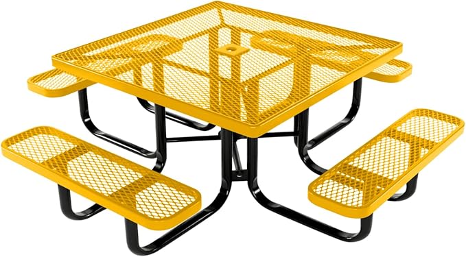 COATEDOUTDOORFURNITURE Heavy-Duty Portable Outdoor Kids Table with Umbrella Hole, Expanded Metal Kids Picnic Table, Commercial-Grade, Made in America (46 in, Square, Childrens, Yellow)