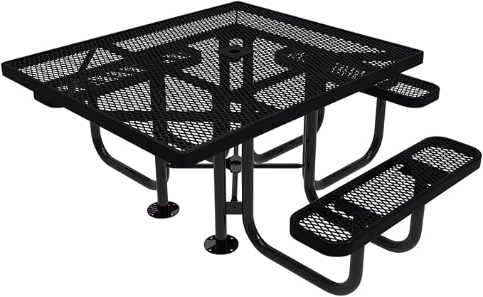 COATEDOUTDOORFURNITURE Heavy-Duty Portable ADA-Compliant Outdoor Picnic Table with Umbrella Hole, Expanded Metal Patio Dining Furniture Made in America (46" Square Top, Black)