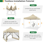 COBIZI 10x10 Heavy Duty Pop Up Canopy Tent with 4 Sidewalls, Commercial Gazebo Party Tent with Mosquito Netting Wall Easy Set Up Outdoor Instant Screen Canopy for Backyard, Patio, Garden, Khaki