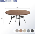 VICLLAX Outdoor Patio Round Dining Table, 60"x 60" Metal Slatted Round Tabletop with Adjustable Umbrella Hole for Deck Lawn Garden Backyard, Walnut