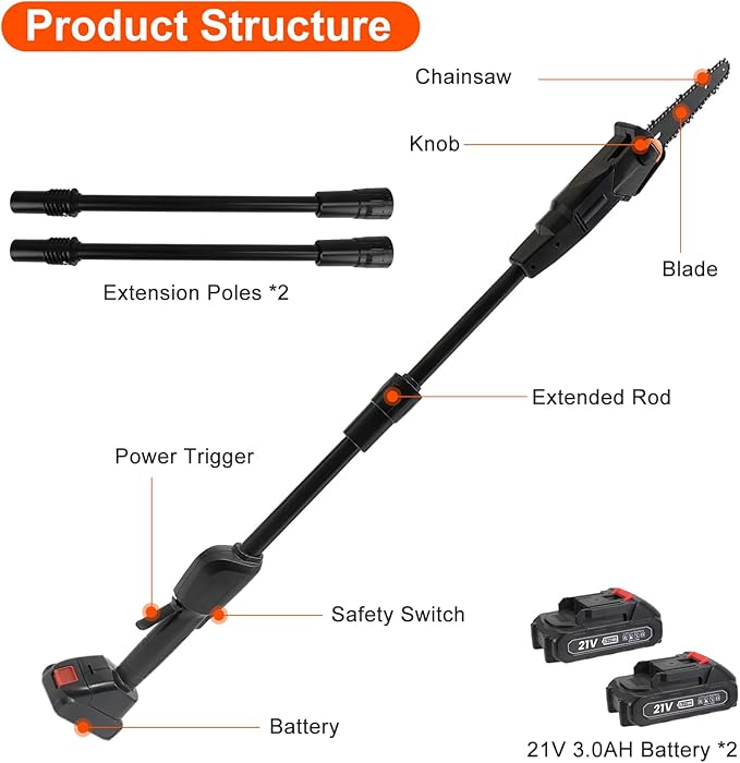 Pole Saw, 6-Inch Cordless Pole Saws for Tree Trimming, 21V Electric Pole Chainsaw W/2Pcs 3.0Ah Battery, 35FT/S Speed, 13.4FT Max Reach,Upgraded Multi-Angle Polesaw for Tree Hedge Trimming Bush Pruning