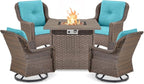 Outdoor Patio Swivel Gliders with Fire Pit Table 5 Piece Set - High Back Brown Wicker Rattan Rocking Chair with Thick Cushion for Porch Apartment Deck Yard Poolside Garden - Turqoise