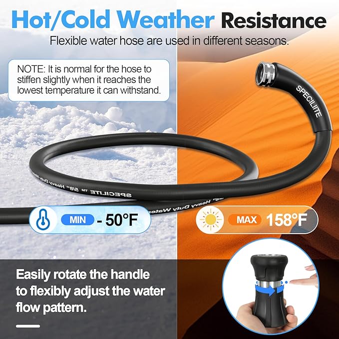 SPECILITE 5/8" Hot/Cold Water Hose 50 ft with High Flow Nozzle,Heavy Duty Flexible Rubber Garden Hose -50℉ to 158℉ With 3/4" Stainless Steel Fittings for Yard, Outdoor, Farm, Lightweight, Black