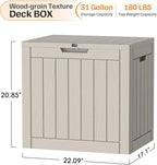 31 Gallon Deck Box, Small Outdoor Storage Box Waterproof, UV-Resistant and Weatherproof Outside Resin Storage Bin for Outdoor Patio Furniture Pillows, Pool Supplies, Garden Tools, Light Brown