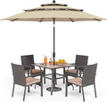 PHI VILLA 5 Pieces Outdoor Dining Set with Umbrella for 4, 37" Square Metal Polywood Table & Cushioned Wicker Rattan Chairs & 10ft Beige Umbrella Furniture for Patio, Deck, Yard, Porch