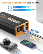 1500W Pure Sine Wave Power Inverter DC 12V to AC 110V 120V Converter with 2 AC Outlets, QC3.0 18W USB-A, PD30W USB-C Port Car Inverter with LCD Display and Remote Control for Truck RV Home