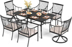 PHI VILLA 7 Pieces Patio Dining Table Set with Cushion for 6, Large Rectangular Metal Dining Table with Umbrella Hole & Cushioned Swivel Iron Chairs for Outdoor, Deck, Yard