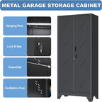 Metal Garage Storage Cabinet with Locking Doors, 71" Tall Broom Closet Storage Cabinet, Heavy Duty Garage Organization Cabinets, Steel Cabinet with Hanging Rod, Assembly Required