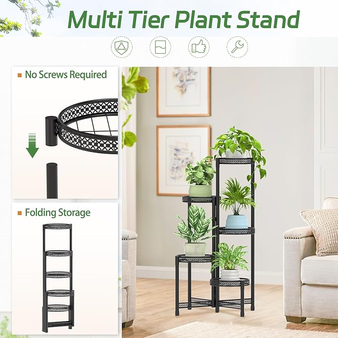 iDavosic.ly Plant Stand Indoor Outdoor, 5 Tier Corner Metal Flower Display Holder Shelf, Folding Tall Orchid Rack for Patio Balcony Porch Garden Living Room House, Wrought Iron - Modern Black