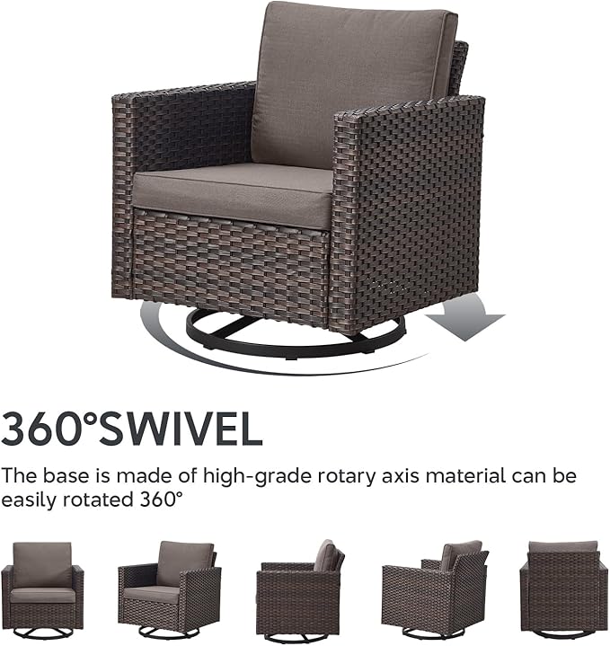 5 Piece Wicker Patio Furniture Set - Outdoor Swivel Rocker Chairs Set with 3 Seat Sofa and Ottomans, Small Patio Conversation Sets Proch Furniture for Balcony Deck - Brown/Grey