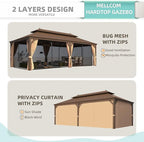 MELLCOM 12' x 24' Hardtop Gazebo,Galvanized Steel Metal Double Roof Aluminum Frame with Curtain and Netting,Brown Permanent Pavilion Gazebo with Aluminum Frame for Patios,Gardens,Lawns