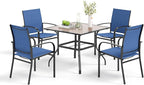 5 Pieces Patio Table and Chairs Set, 4 Person Outdoor Dining Furniture Set, 4 Blue Textilene Chairs and 37" Wood-Like Table Top Table with Umbrella Hole, for Deck Backyard Lawn