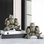 Resin Owl Statue with Spread Wings - Outdoor Garden, Patio, Office Decor Figurine: Family Parent & Two Baby Owls on Base (Grey-Black)