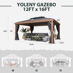 YOLENY 12'x16' Hardtop Gazebo, Galvanized Steel Double Roof with Wood-Looking Aluminum Frame, Outdoor Permanent Metal Pavilion with Curtains and Nettings for Patio, Backyard and Deck
