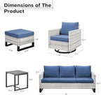 Wicker Patio Furniture Set, 6 PCS Outdoor Patio Furniture Set with Swivel Chairs, Includes 2 Swivel Patio Chairs, 1 Outdoor Couch, 1Side Table and 2 Ottoman, Light Beige/Blue