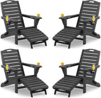 Folding Adirondack Chairs Set of 4,Adirondack Chair with Retractable Ottoman,Plastic Adirondack Chairs with 2 Cup Holder,Weather Resistant Patio Chair,Outdoor Chairs Set of 4(Black)
