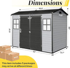 8x6 FT Resin Storage Sheds Outdoor with Floor Included, Plastic Sheds & Outdoor Storage Clearance with 2 Windows and Lockable Door, Backyard Storage Sheds for Garden Tools, Bike, Black+Grey