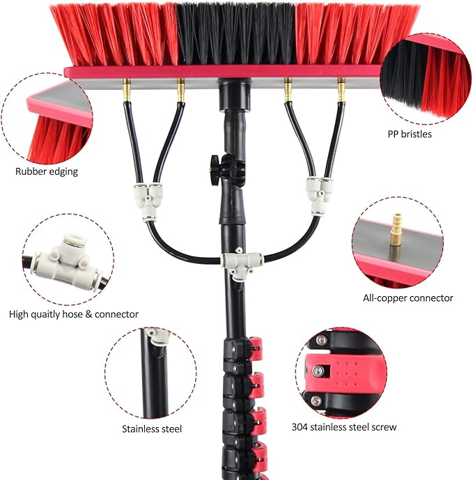 Water Fed Pole Kit,30ft Length Window Cleaning Poles,Water Fed Brush,Aluminum Outdoor Window Cleaner,Extendable Telescopic Pole Water Fed Brush Spray Washer for Window Glass/Solar Panel