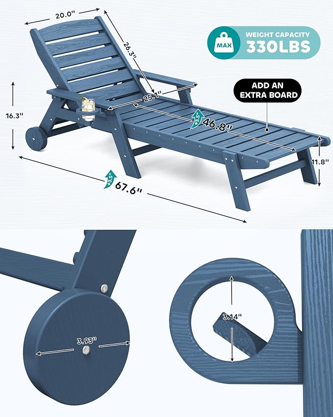 SERWALL Patio Chaise Lounge Chair Set of 6, 5 Positions Adjustable Poly Outdoor Lounge Chair for Pool, HDPE Lounge Chair with Rolling Wheels & Cup Holder for Poolside, Deck, Blue