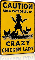 Funny Chicken Gifts Caution Area Patrolled By A Crazy Chicken Lady Tin Sign for Home Farm Chicken Coop Farmhouse Kicthen Garden Decor 8 X 12 Inch (3620)