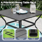 Patio Dining Set for 4, 37”Square Table with Umbrella Hole, 4 Metal Blue Chairs, Outdoor Table and Chairs for Lawn Backyard and Deck